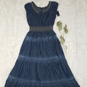 Blue Chambray Dress With Stitched Cinched Waist